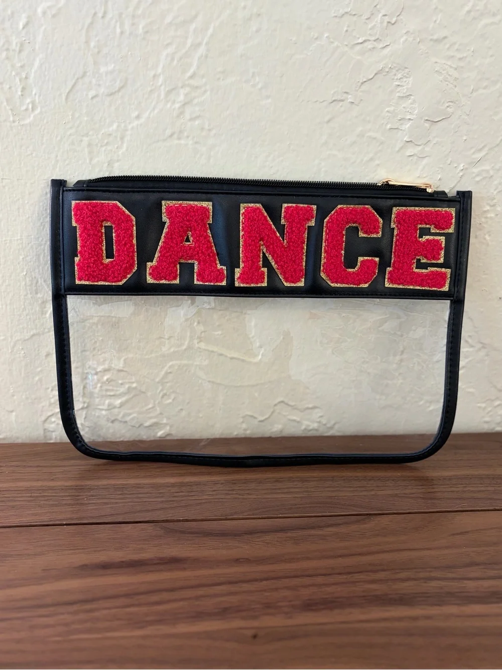 Clear DANCE Cosmetic Makeup Bag Red Chenille Gold Letters Zipper Pouch